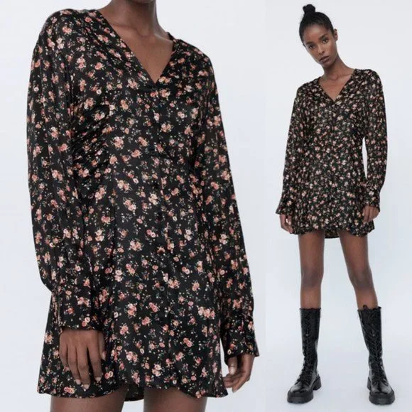 Zara | Dresses | Zara Silky Satin V Neck Floral Print Dress
